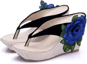 ZOOGEM Women's Embroidery Slides Wedge Sandals Hawaii Beach People Wedge Sandal Open Toe Bohemia Sandals Summer slippers (Black-blue,7)